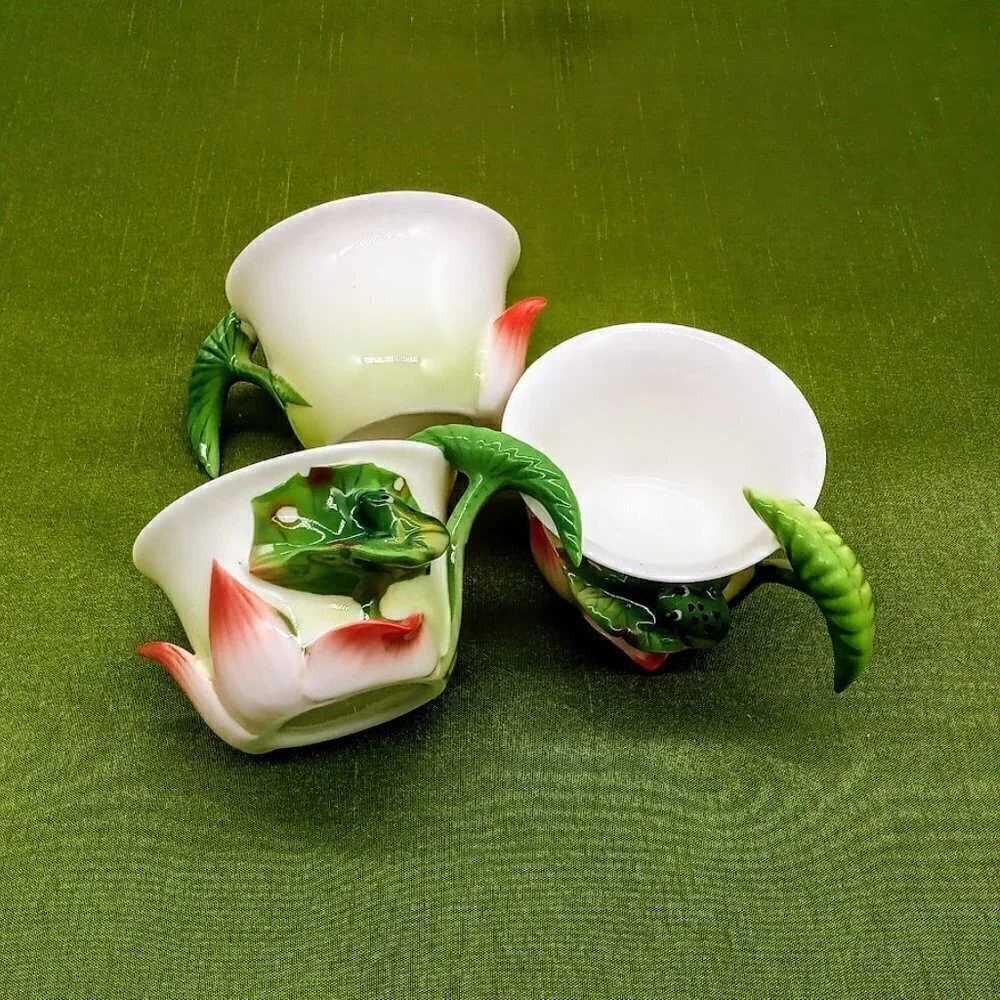 White Porcelain Cups Applied Green Frog & Flower (3)